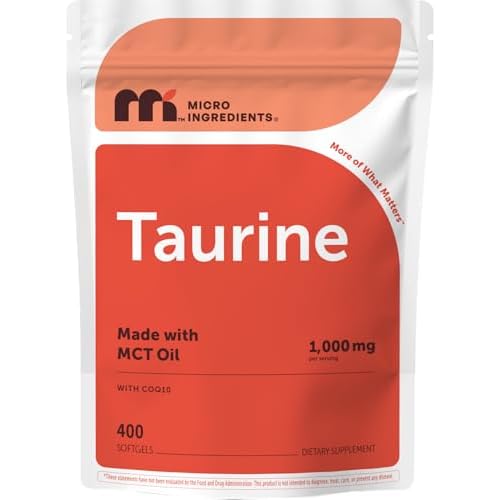 Micro Ingredients Taurine 1,000 mg Per Serving with Coq10 | Coenzyme Q10 Supplement with MCT Oil | 4+ Month Supply with 400 Softgels | Non-GMO