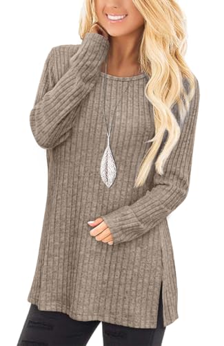 Image of Jescakoo Long Sleeve Shirts for Women Crew Neck Fall Tops Side Split Lightweight Tunic Sweaters Fashion Clothes 2025 S-4XL