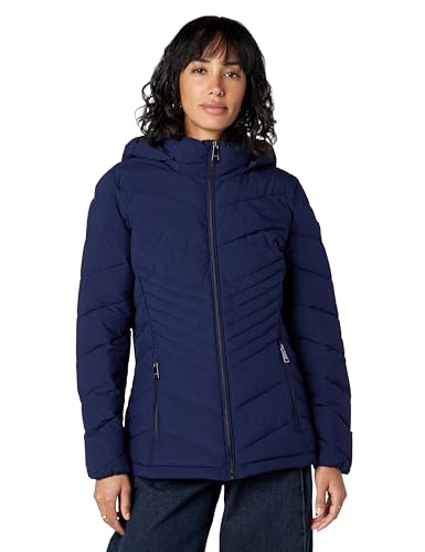 Calvin Klein Womens Lightweight Quilted Hooded Puffer Coat Stretch Winter Jacket with Pockets Navy L
