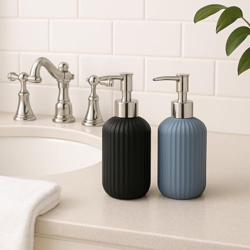 Image of LAGET 300ml Soap Dispenser for Wash Basin -Ribbed Design | Kitchen and Bathroom Accessories Items | Liquid Handwash Dispenser Bottle Chrome Finsih Top- Set of 2 (Black and Metallic Blue)