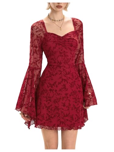 Image of WDIRARA Women's Floral Jacquard Gothic Bell Long Sleeve Dress | Mesh , A Line, Vintage