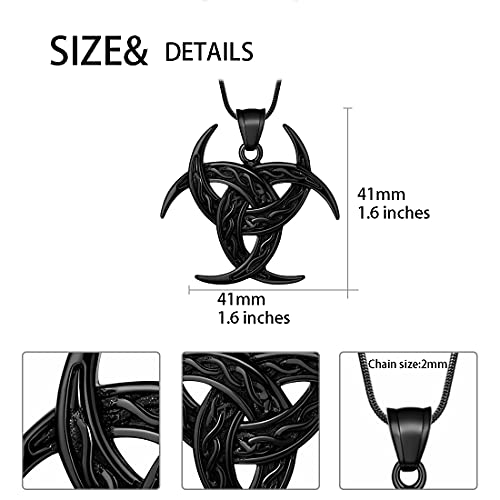 Celtic Knot Necklace Viking Pendant - Celtic Norse Triple Odin Horns Crescent Moon of Oden Horn Necklace Mens 316L Stainless Steel Triskelion Amulet Pewter Tribal Protection Viking Triskele Jewelry2