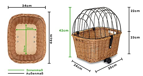 Tigana - Hundefahrradkorb für Gepäckträger aus Weide mit Gitter 44 x 34 cm Eckig Natur (N-S) (ohne Kissen)