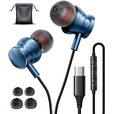 USB C Wired Headphones for Samsung Galaxy S24/S23/S22 Ultra, Stereo Type C Earphones with Mic Volume Control, Noise Cancelling Wired Earbuds for iPhone 15/16 Pro Max for Google Pixel 8 Pro 7a, Blue Cover