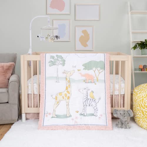 Image of Sammy & Lou Sweet Safari 4-Piece Baby Nursery Crib Bedding Set, Includes Quilt, Fitted Crib Sheet, Crib Skirt, and Plush Toy