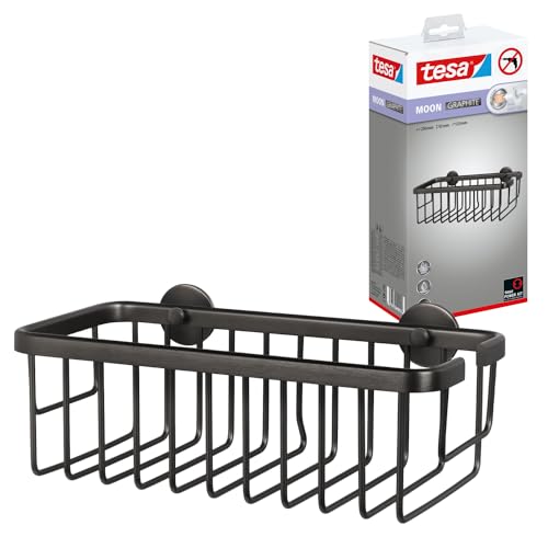 tesa MOON GRAPHITE selbstklebende Duschablage in gebürstetem Grafit - einstöckig und extra tief - Duschregal aus PVD-beschichtetem Metall - ohne Bohren, mit Klebelösung - 250mm x 92mm x 125mm