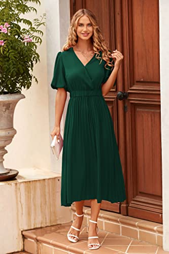 Prettygarden Women's Summer Pleated Midi Dress Wrap V Neck Puff Sleeve Casual Chiffon A Line Flowy Dresses (Dark Green,Large) #TOP1