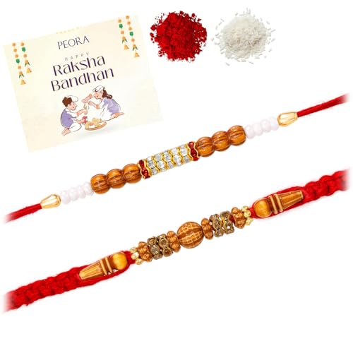 Image of Peora Rakhshabandhan Thread Rakhi for Brother Bhaiya | Kundan Beads & Crystal Studded | Combo Set of 2 | Rakhi Hamper Roli Chawal & Greeting Card