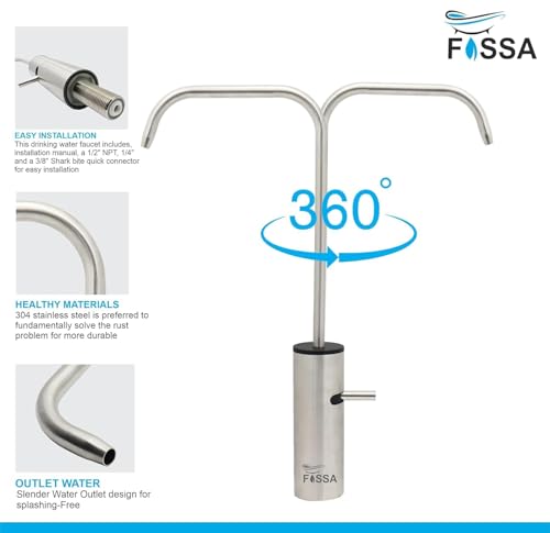 Image of Fossa RO Tap Stainless Steel Water Filter Faucet for Kitchen Sink | Lead-Free, Rust-Resistant, 360 Swivel, Single Lever, Ceramic Cartridge - Silver (Matte Finish)