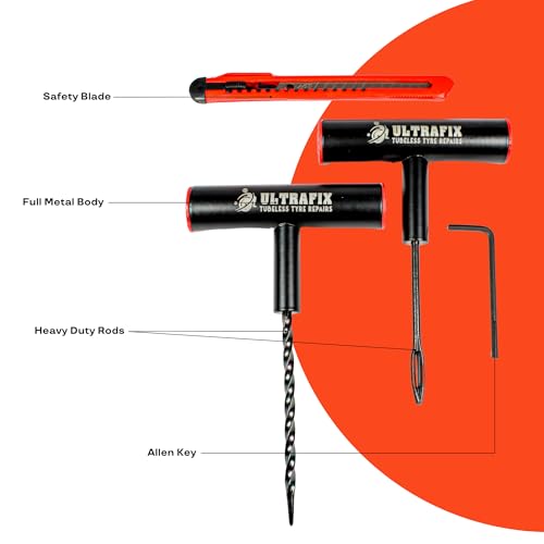 Image of Premium Tubeless Tyre Puncture Repair Kit - Heavy Duty Metal Tools with 10 Repair Strips, Safety Cutter & Allen Key for Car