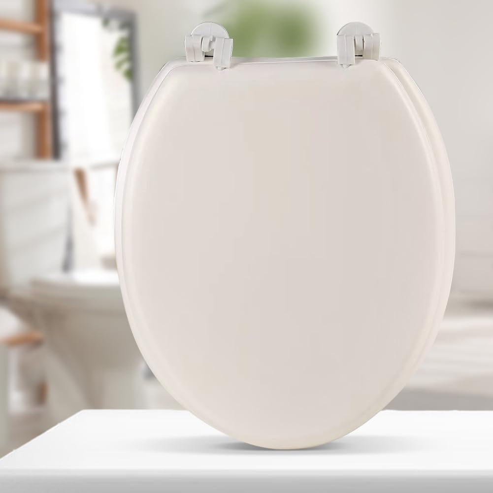 Slow Close Toilet Seat, Round Cushioned Soft Close Toilet Lid with Quick Release Hinges, Padded Vinyl Seat for Elongated/Standard Round Bowls, Easy Clean No Slam White Plastic Replacement