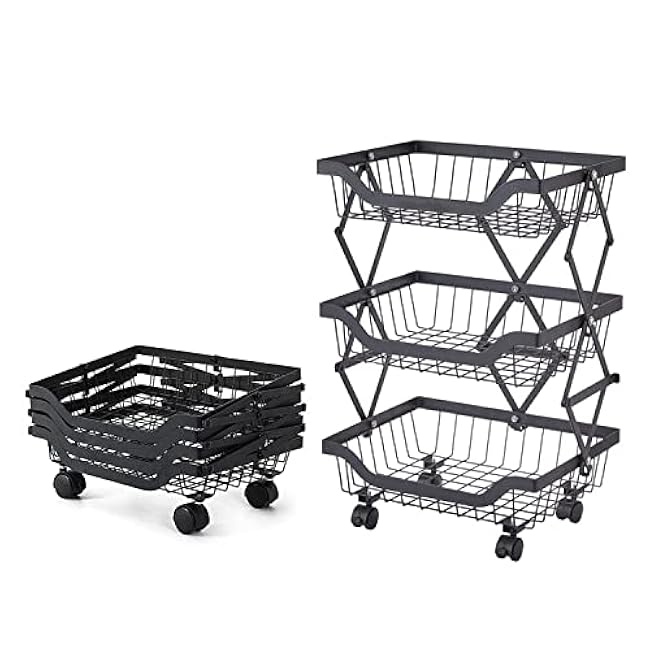 Metal Kitchen Storage Carts Foldable Fruit Vegetable Baskets Cart Standing Shelf Rack on Wheels for Kitchen,Home,Office,Living Room,Pantry,Snack Storage(3 Tiers)-mCqfdp3J