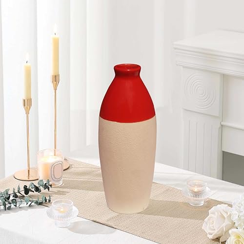 Image of Pure Source India Handcrafted Red Ceramic Bottle-Shaped Flower Vase (9.75 Inches) for Home Decor, Living Room, Gifting, Decorative Small Vase (Flower NOT Included)