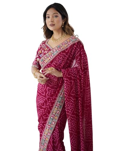Image of Satrani Women's Georgette Bandhani Printed Sequin Embroidery Saree with Unstitched Blouse Piece