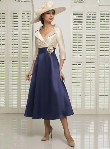 A-Line Tea Length Mother of The Bride Dresses V Neck Long Sleeve Evening Dresses Satin Ball Gown for Women Formal3