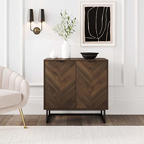 Nathan James Enloe Modern Sideboard Buffet, 32 Inch Storage Accent Cabinet With Doors In A Rustic Finish And Matte Metal Base For Hallway, Entryway, Kitchen Or Living Room, Walnut/Black #TOP3