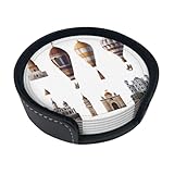 Castle Hot Air Balloon - Juego de posavasos redondos resistentes al calor, con caja de almacenamiento de cuero (6 piezas)