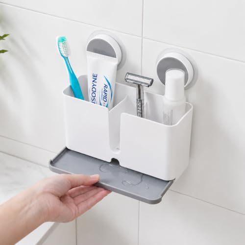Image of SHALVI Plastic Tooth Brush Holder for Bathroom | Toothbrush Holder Wall Mount | Brush Holder for Bathroom | Toothbrush Holder for Electric Toothbrushes, Toothpaste & Makeup Brush Holder, White