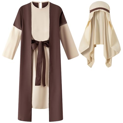 Nwnip Boys Jesus Religious Robe Kids Biblical Shepherd Outfits with Headscarf Set (Brown 9-10 Years)