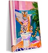 FWAHREN Tiger on Toilet Funny Bathroom Wall Art, Eclectic Cute Animal Painting Canvas Prints Artw...