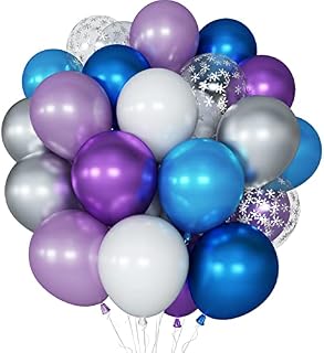 Blue Frozen Balloons Set, 60PCS 12 Inches Metallic Purple Blue White Latex Balloons Snowflake Silver Confetti Balloon with Ribbons for Birthday, Baby Shower, Winter Wonderland, Christmas Party