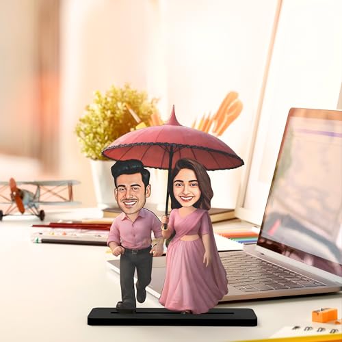 Image of Wood Rectangular Personalized Caricature Gift for Couple, 7 Inches, Tabletop Multicolor, Art Deco Style (Couple 8)