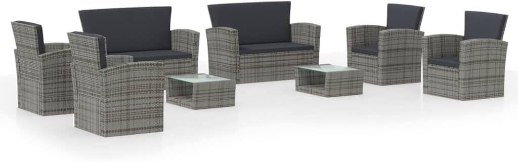 vidaXL 8 Piece Gray Patio Lounge Set with Cushions, Poly-Rattan Garden Furniture Set with Glass Tabletop, Easy Assembly and Lightweight Design