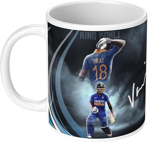Image of Cricket Theme Coffee Mug IPL Edition - Stylish Helicopter Shot Print Cup - Gift for Cricket Fans, Boys & Friends(Virat-2)