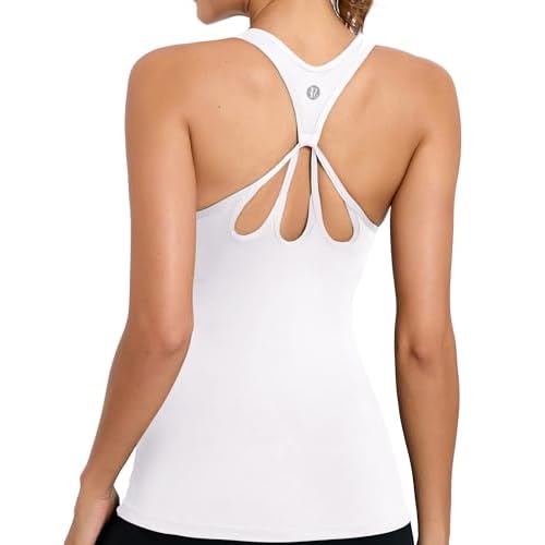 RUNNING GIRL Yoga Tank Tops for Women Built in Shelf Bra B/C Cups Strappy Back Activewear Workout Compression Tops D-white Small