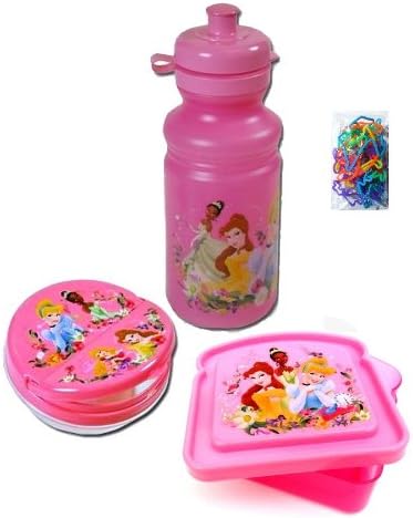 Disney Princess Water Bottle (18 oz Pull-top), Disney Princess Sandwich Box (5.5"x5.5"), Disney Princess Snack Container (16 oz), and 10 Bird Shaped Silicone Bracelets - All Are BPA Free and Non-toxic - 4 Item Disney Princess Lunch Gift Set for Girls