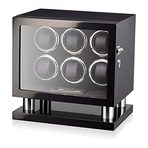 Watch Winder for 6 Watches with LED Backlight, LCD Display and Motor-Stop Option (Black & Black) Cover