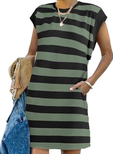 Image of AlvaQ Womens Striped Summer Dresses 2025 Crewneck Cap Sleeve Color Block Casual A Line Tshirt Dress with Pockets