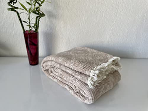 100% Cotton Muslin Blanket, Aztec Desigen 4 Layers Bedspread, Soft Turkish Cotton Muslin Bed Cover, Reversible Coverlet, (Beige) #TOP1