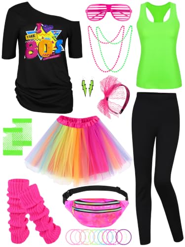 AOTHSO 24 Pieces Halloween Women 80s Costume Accessories Set 80s Cosplay T-shirt Tutu Pants...