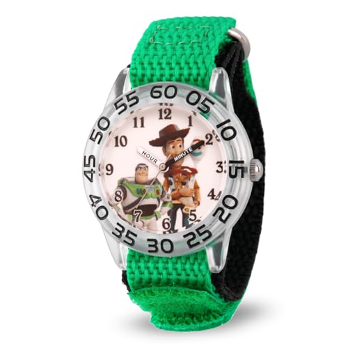 Disney Pixar Toy Story Watch for Boys Ages 3–7 – Featuring Woody and Friends Dial – Great Gift for Kids Who Love Toy Story Toys – Silver Case, Clear Bezel, and Green Fabric Strap with Velcro