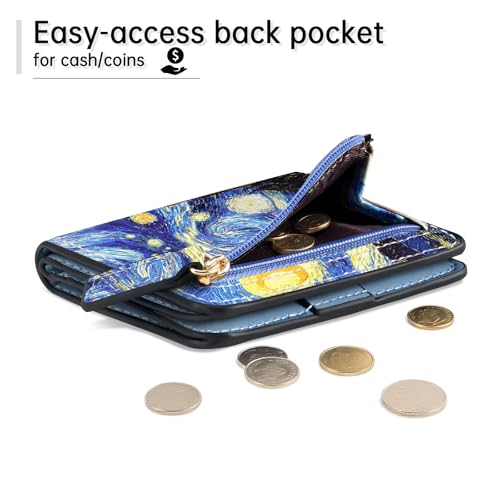 Image of Toughergun Starry Night RFID Small Wallet Women, Slim Thin Vegan Leather Bifold Wallet with Zipper Coin Pocket & ID Window, Cute Mini Credit Card Holder Gift for Women Ladies Teen Girls
