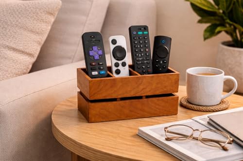 Image of Craft Expertise Wooden Remote Control Holder Stand for Living Room & Bedroom | 3 Compartment Remote Organizer for TV, Sofa & Side Table | Brown Wooden
