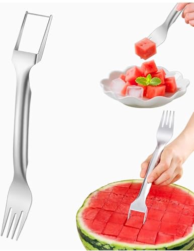 Çatal; 2'si 1 Arada Karpuz Dilimleyici ve, Paslanmaz Çelik, Ergonomik Saplı, Küp Kesim Özellikli