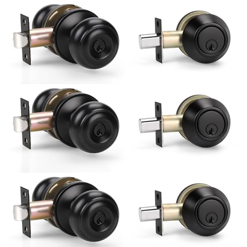 KNOBWELL 3 Pack Keyed Alike Entry Door Knobs and Single Cylinder Deadbolt Lock Combo Set Security for Exterior and Front Door, Keyed Entry Door Locksets with Deadbolt, Matte Black Finish - Image 8