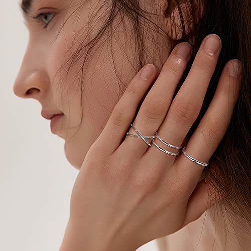 PATISORNA 3Pcs 925 Sterling Silver Open Adjustable Rings for Women Men Stackable Cross Arrow Heart Moon&Star Paperclip Rings Hypoallergenic Thumb Knuckle Simple Ring Set Size 6-94