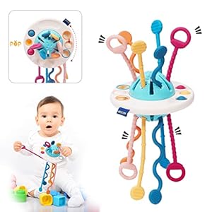 Montessori toys for babies 6-12 months Baby Silicon Sensory Travel Pull String Teething Toys for 3-6 Months 1 Year Old Hang on Stroller Crib Car Seat Fat Brain Fidget Toys Gift for Infant Toddler
