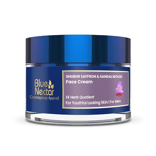 Blue Nectar Men Face Cream, Natural Skin Brightening Cream, Anti Aging Face Cream for Men with Sandalwood, Saffron and Almond Oil (14 Herbs, 50g)