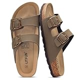 Litfun Women's Cork Footbed Sandal Summer Slip On Slide Sandals with Adjustable Buckle, Taupe Size 8-8.5