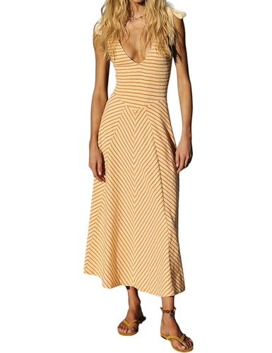 Image of Women Casual Summer Dresses Smocked V Neck Beach Dress Striped Sleeveless Sundress Flowy Long Dress with Pockets Yellow