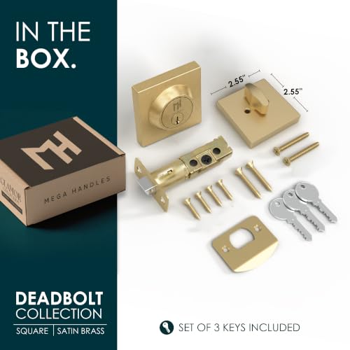 Image of Mega Handles - Prime Deadbolt I Entry Deadbolt Lock - Heavy Duty Square Locking Deadbolt for Left or Right-Handed Doors - Interior /Exterior - Satin Brass