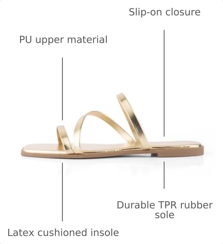 Image of LACUONE Strappy Flat Sandals For Women Slip On Square Open Toe Slides Sandals