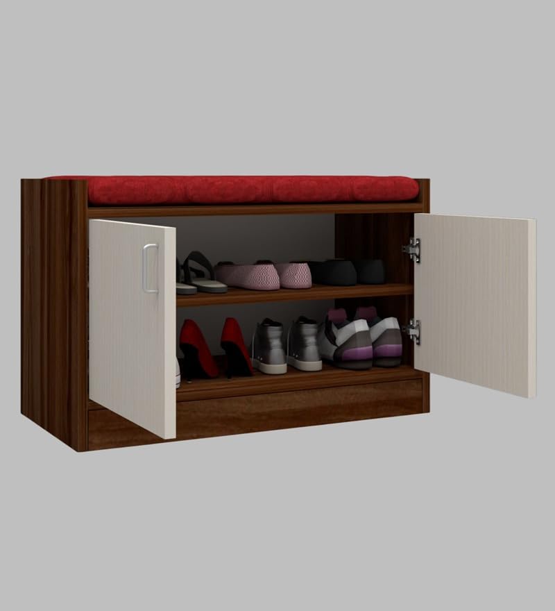Image of SPECIALITY PANELS 2 Door Shoe Rack with Cushion | 2 Door Shoe Cabinet with Storage Bench | Shoe Organizer for Entryway Home Living Room | 75 x 49 x 37.5 cm Storage | DIY Assembly | Brown and White