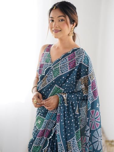 Image of Panzora Women's Chinon Printed Saree With Unstitched Blouse Piece