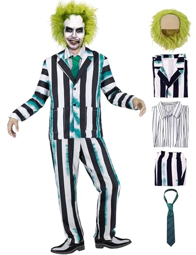 Hauarker HR011XXL 6 Pcs Beetle Movie Juice Costume Men Black And Green Striped Suit Halloween Costumes Adult 80S Horror Comedy Character Cosplay Outfit cover