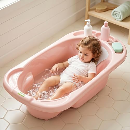 Image of Baybee Lullie Baby Bath Tub for Kids with Anti-Slip Base & Easy Drain | Babies Bathtub with Built-in Soap & Accessory Holder | Spacious Baby Bath Tub for 0-5 Years Boys Girls (Pink)